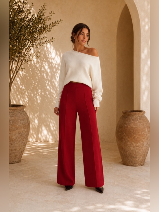 Commense Pants - Commense Burgundy Wide-Leg High-Rise Trousers